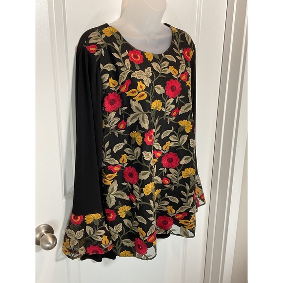 Susan Graver Black Embroidered Floral L Long Sleeve Bell Sleeve Tunic Top Large - Picture 2 of 11